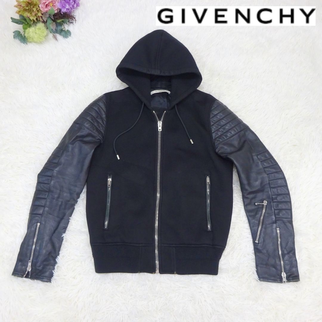 GIVENCHY ジバンシー レザー切り替え スエットジップアップパーカー