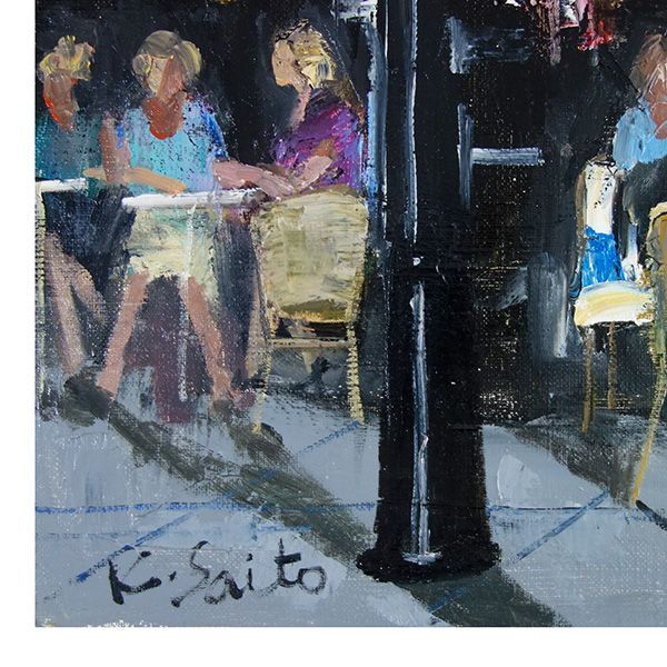 F20号 油彩画 斉藤要 「午後のカフェ」 油絵 額入り 大型絵画 大作
