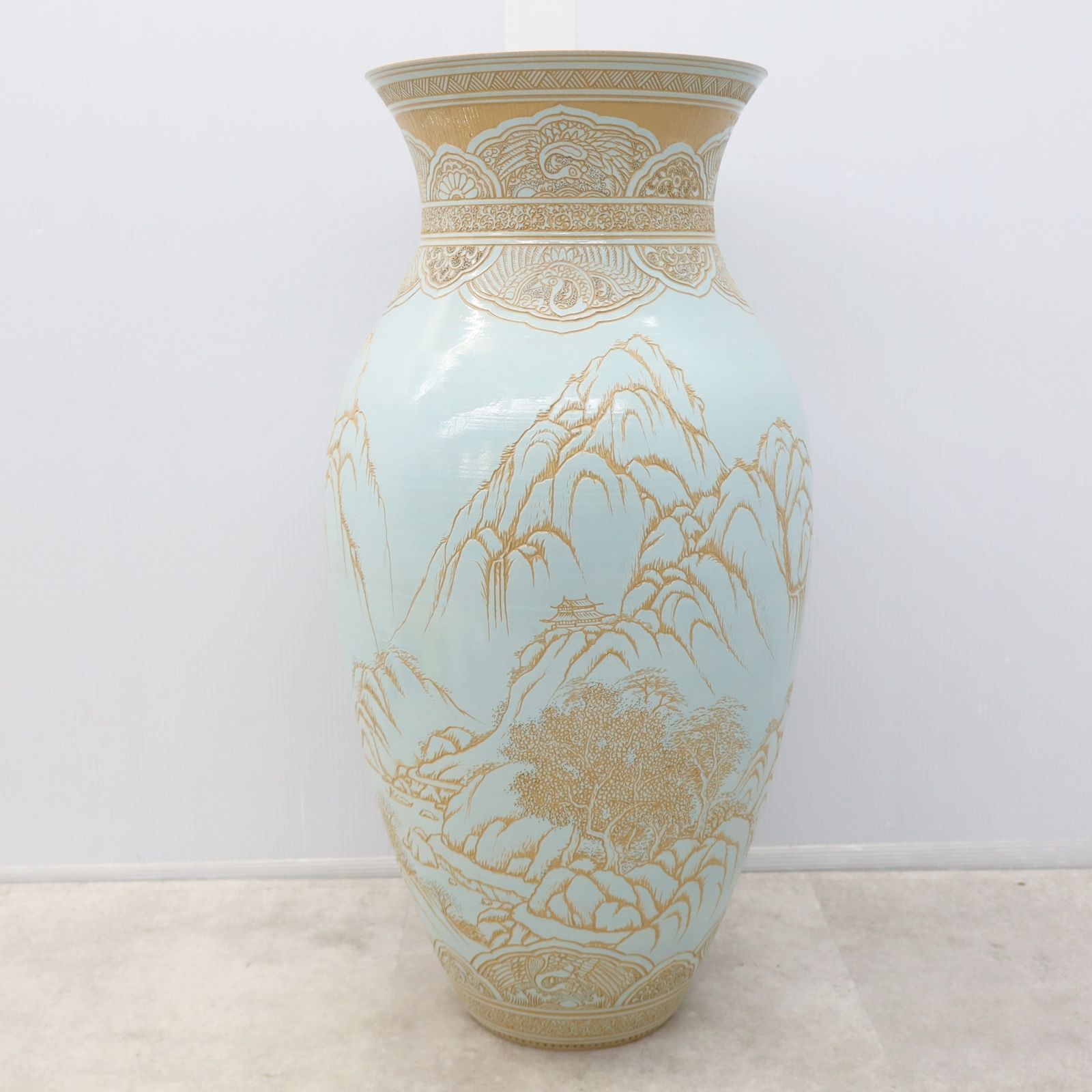 ▽骨董 古美術 ｜華壺 つぼ 花器 山水図｜東炎窯 金東和 作 東炎釉裏