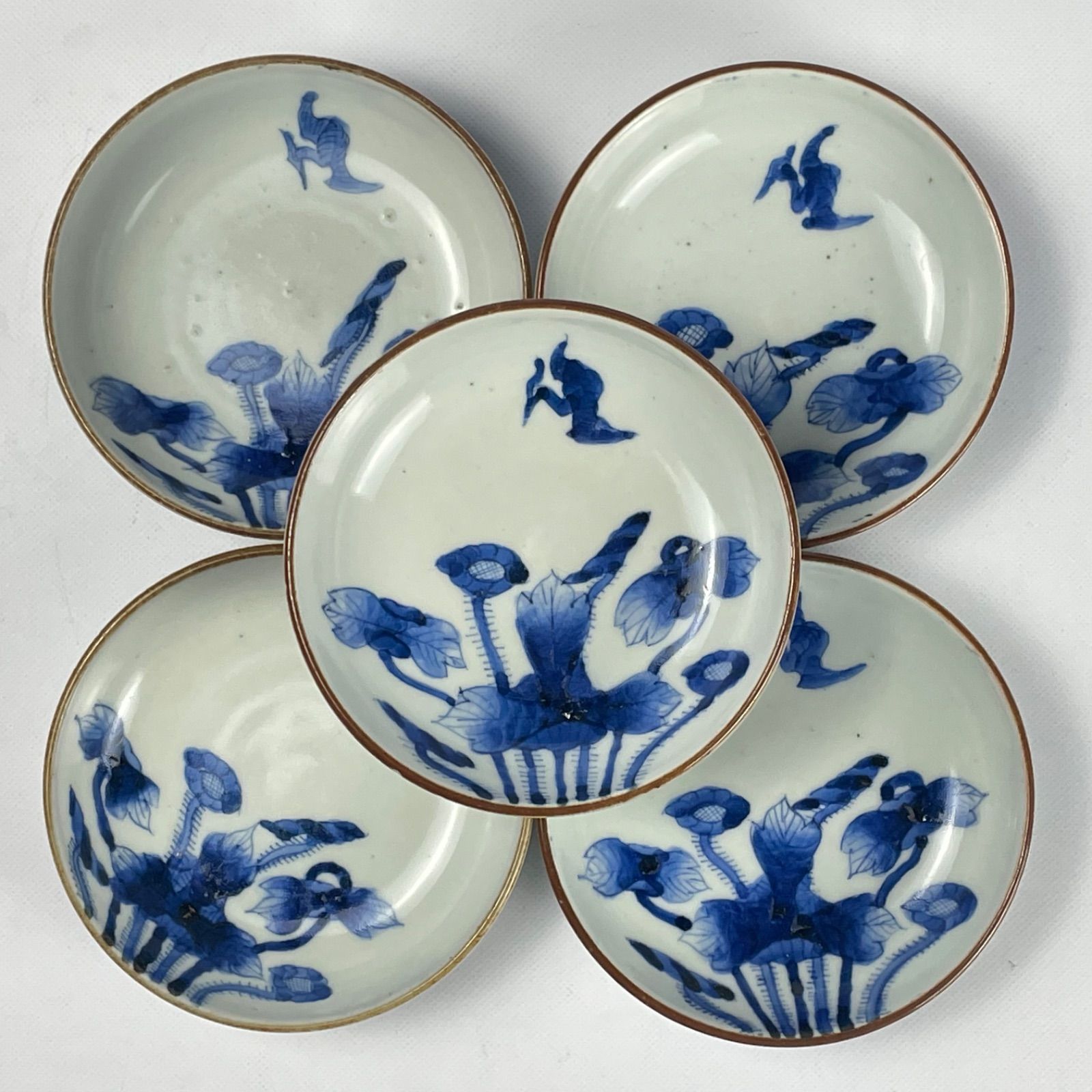 608 染付 花 鳥 古伊万里 伊万里焼 骨董 アンティーク 小皿 5枚セット