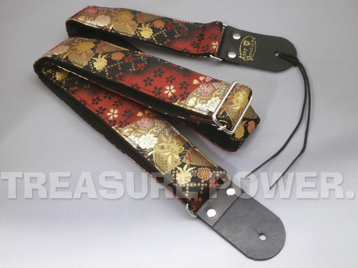 京都西陣織 和柄ギターストラップ 扇柄/赤-黒 金襴生地tinyproducts