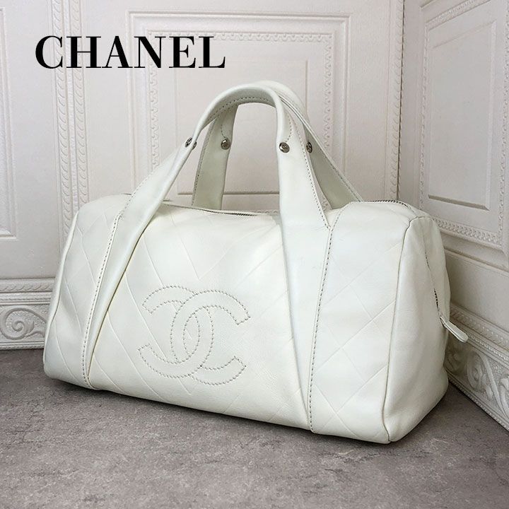 シャネル CHANEL キャビアスキン Vステッチ ボストンバッグ ホワイト