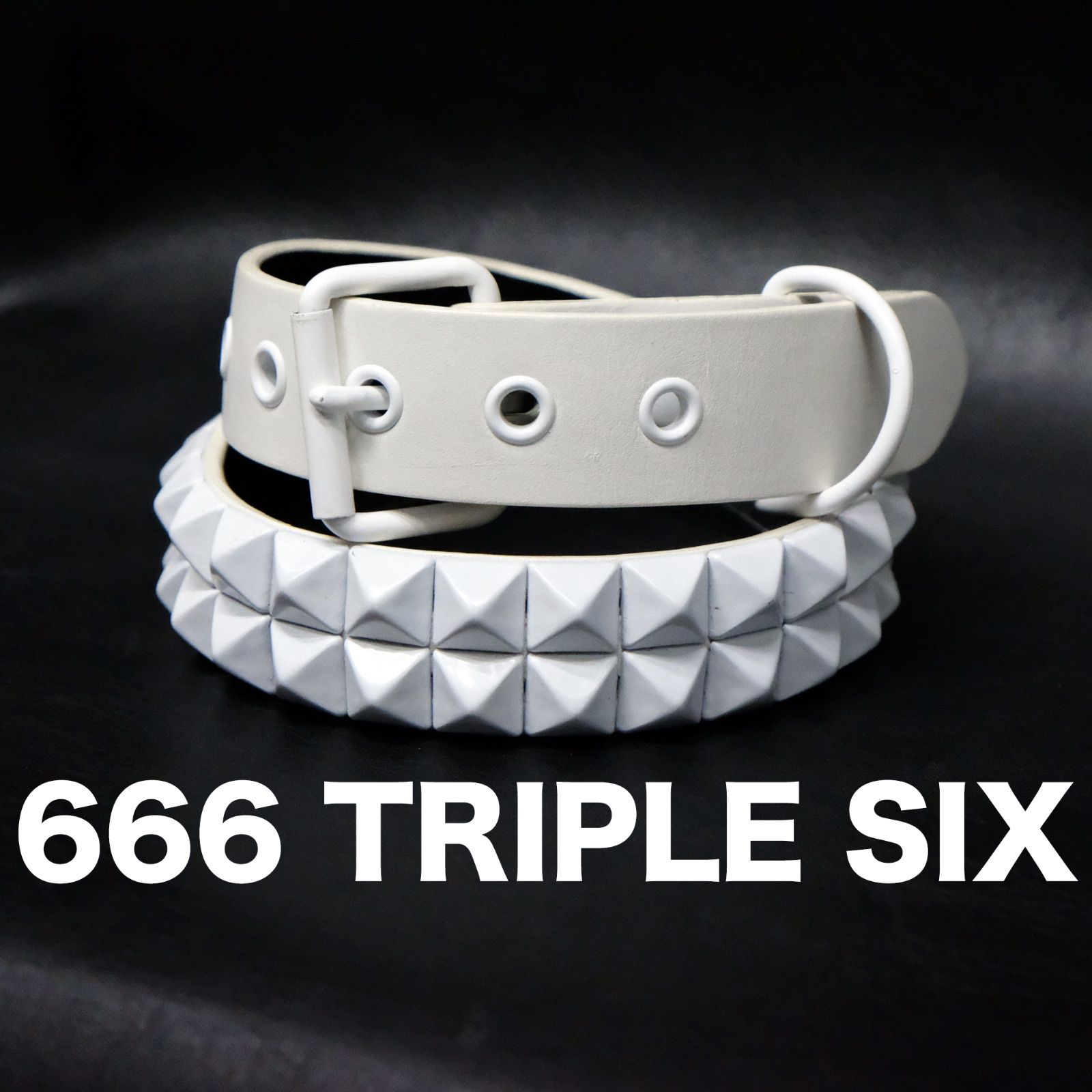 666 トリプルシックス スタッズベルト 2連ピラミッド 白革/白鋲 オール