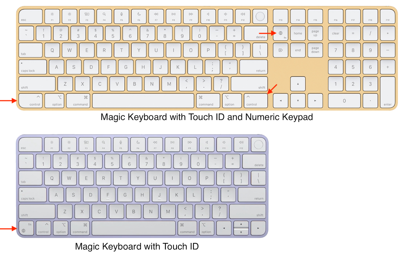 旧Magic KeyboardとTouch ID付きMagic Keyboardの比較。