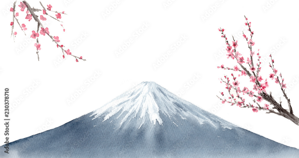 梅の花 富士山 水墨画 墨絵 Stock Illustration | Adobe Stock