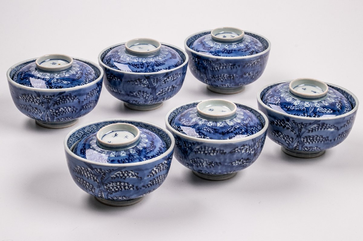 古伊万里 染付 線描 花唐草 蓋向付 蓋茶碗 8客 江戸後期
