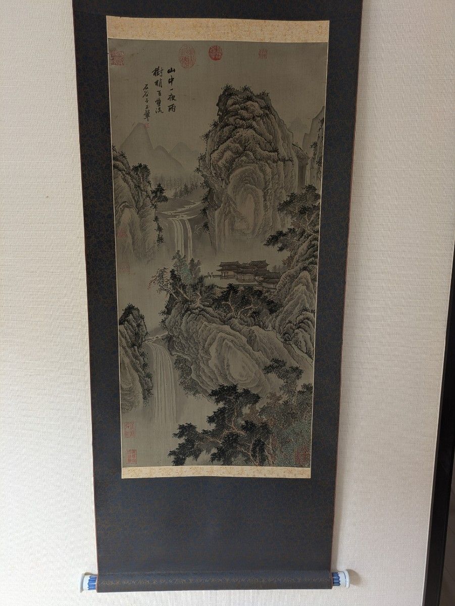 掛け軸 山水画 渓山深秀図 雪谷 共箱付き 中国美術 肉筆紙本 風景 絵