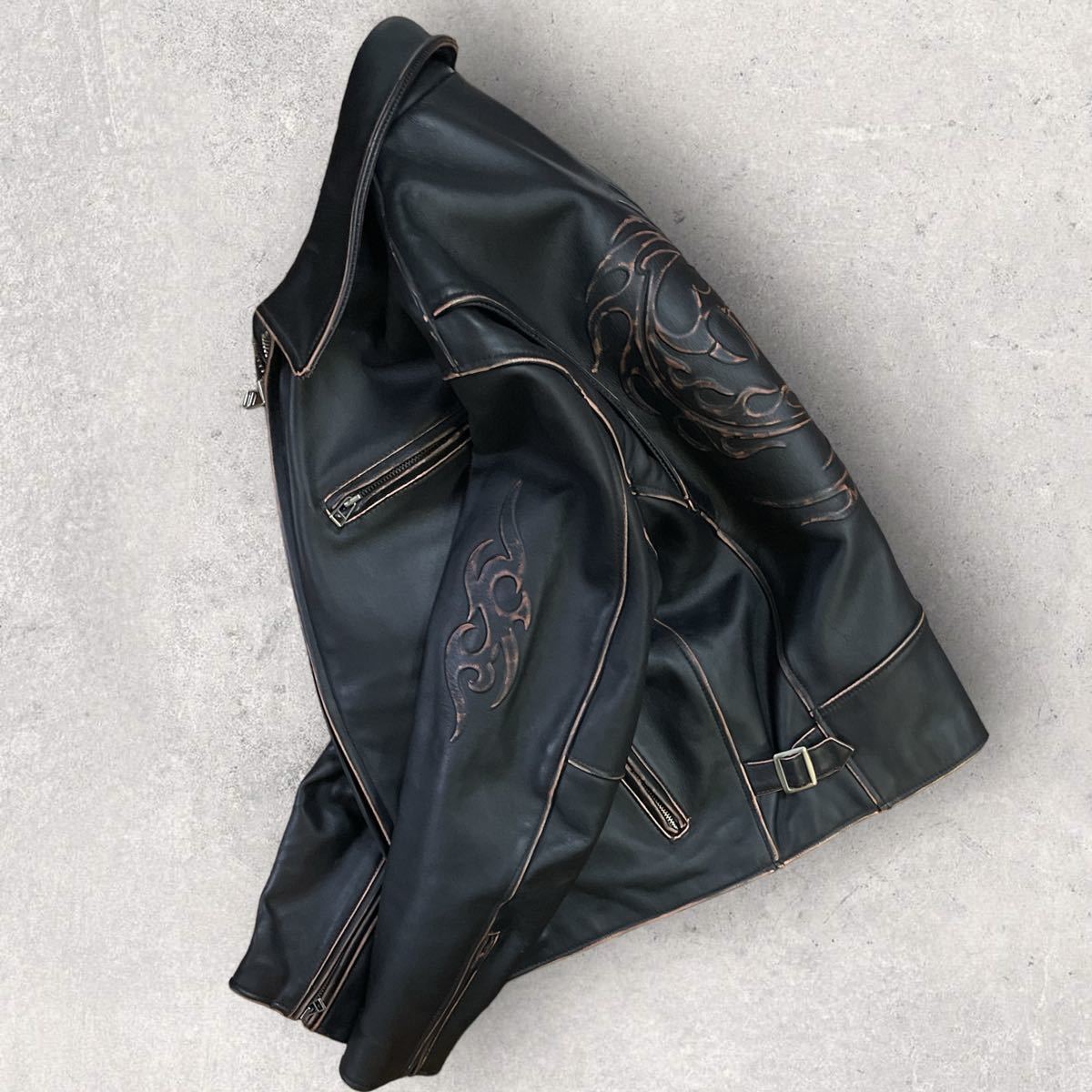 稀少 美品 Wind Armor 米国製レザー ドラゴン 立体ロゴ ライダース