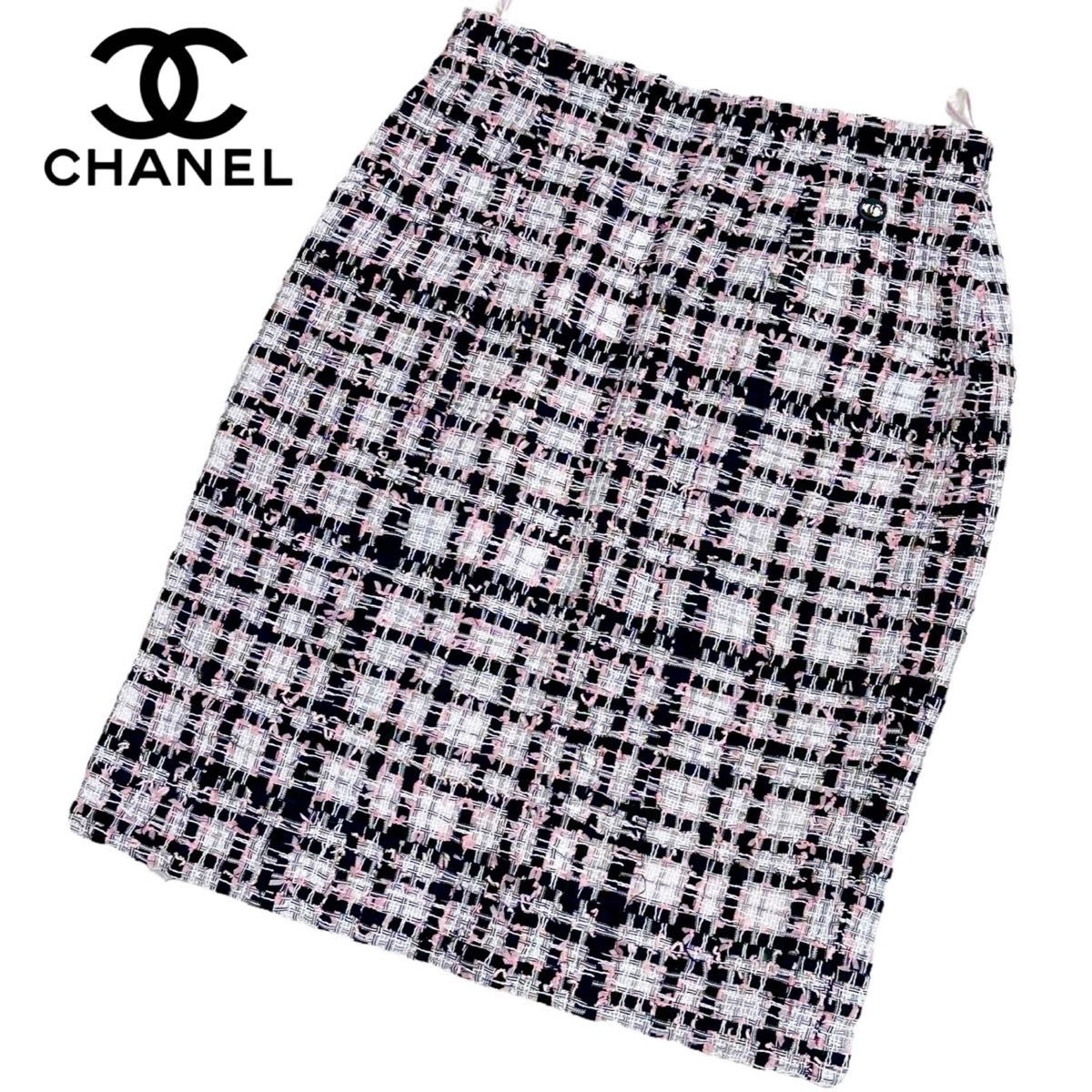 CHANEL シャネル ツイード ひざ丈スカート チェック ココボタン ココ