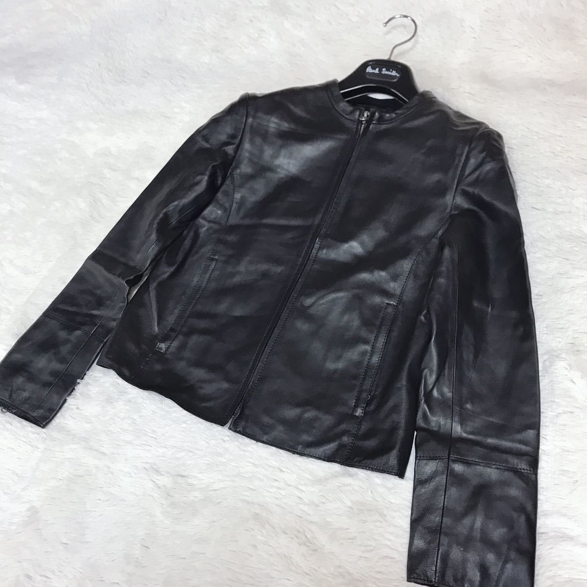美品 23区 レザージャケット シングル ノーカラー ラムレザー 羊革