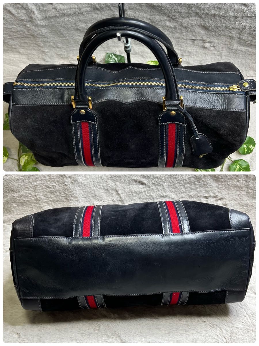 極希少 グッチ GUCCI ボストンバッグ スエード シェリーライン 黒 本革