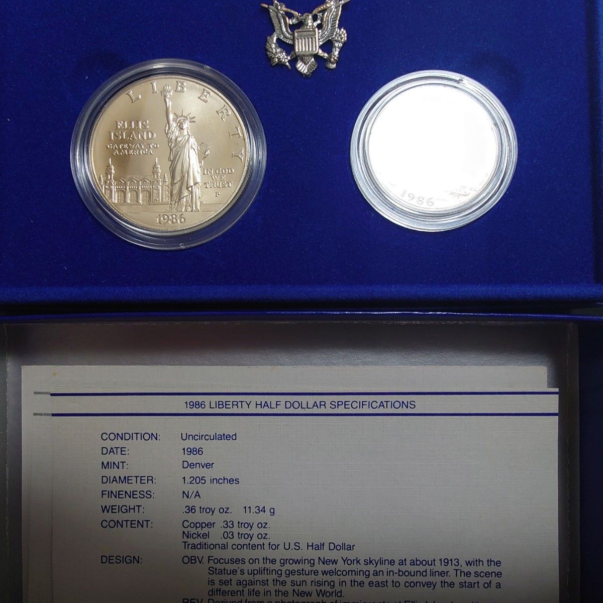 1986年アメリカ銀貨 自由の女神 リバティ1ドル記念銀貨＋ハーフダラー