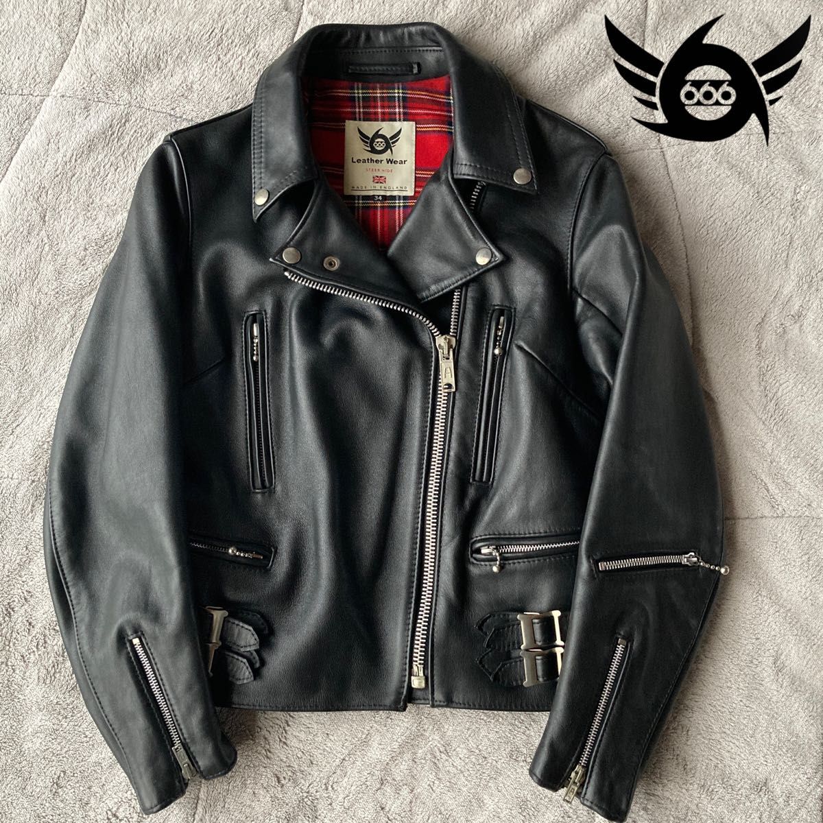 極美品 666 イングランド製 ダブルライダースジャケット 赤タータン