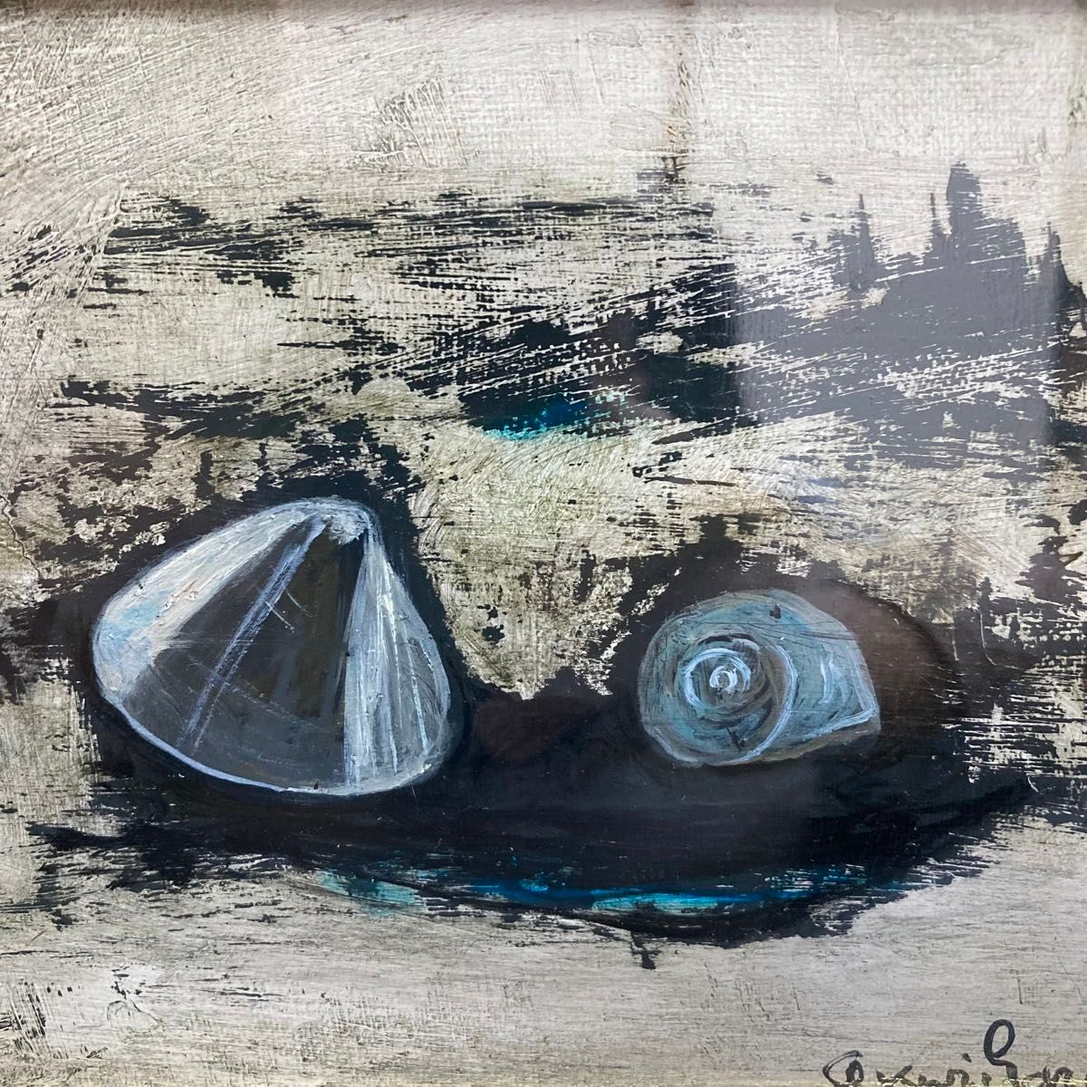 真作保証】栗原一郎「浜辺の詩」油彩0号 直筆サイン 絵画 額装｜Yahoo