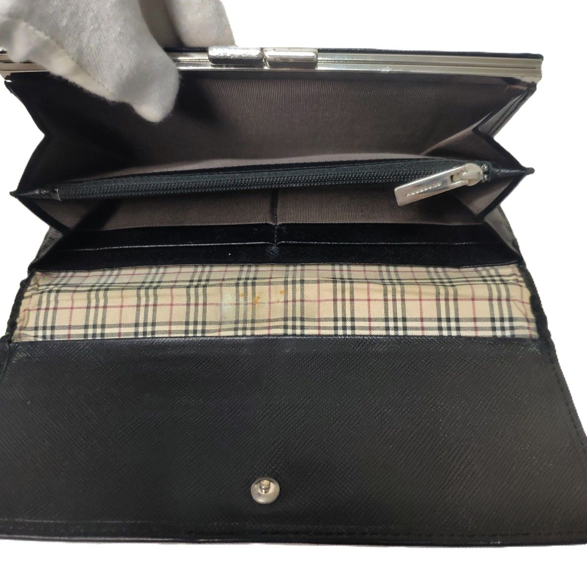 BURBERRY バーバリー 長財布 レザー ノバチェック がま口 ブラック 黒