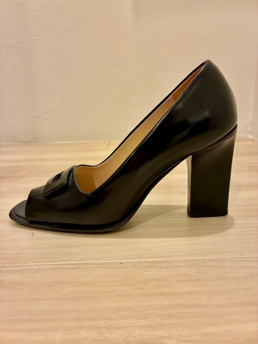 GUCCI Gロゴ オープントゥ パンプス 黒 36C 安定ヒール9cm エルメス