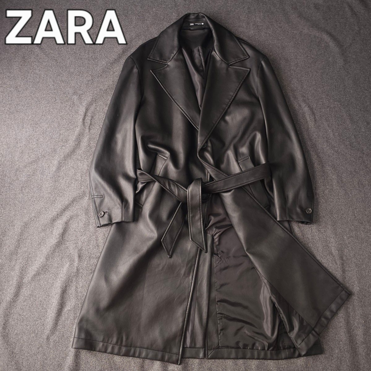 ZARA ザラ 秋冬 フェイク レザー ロング トレンチ コート 黒 ベルト