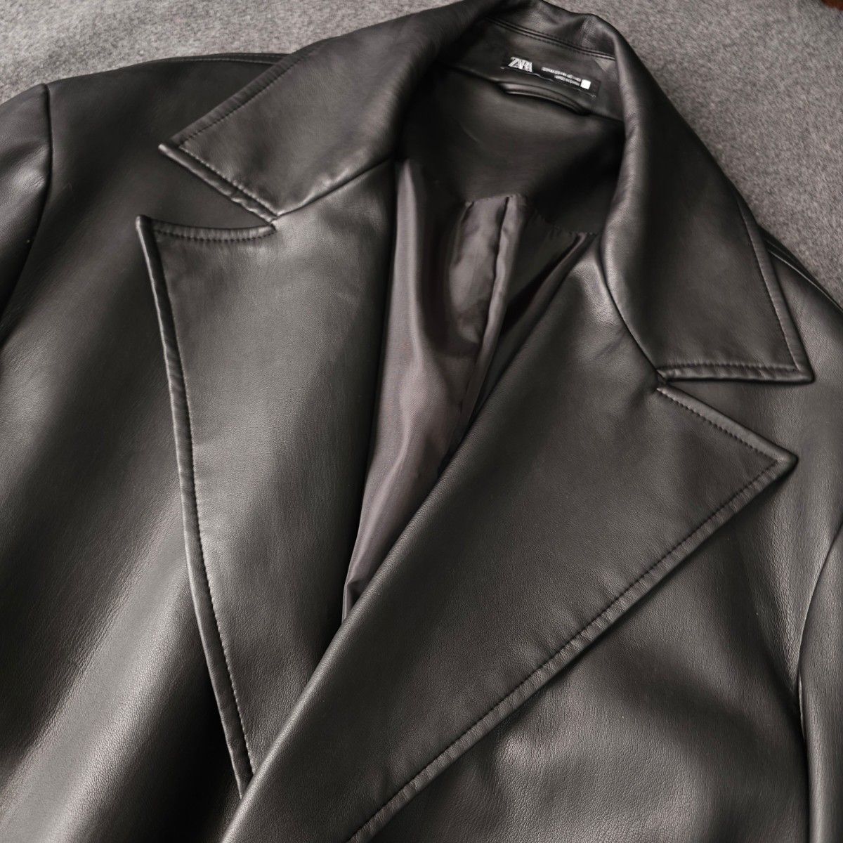 ZARA ザラ 秋冬 フェイク レザー ロング トレンチ コート 黒 ベルト