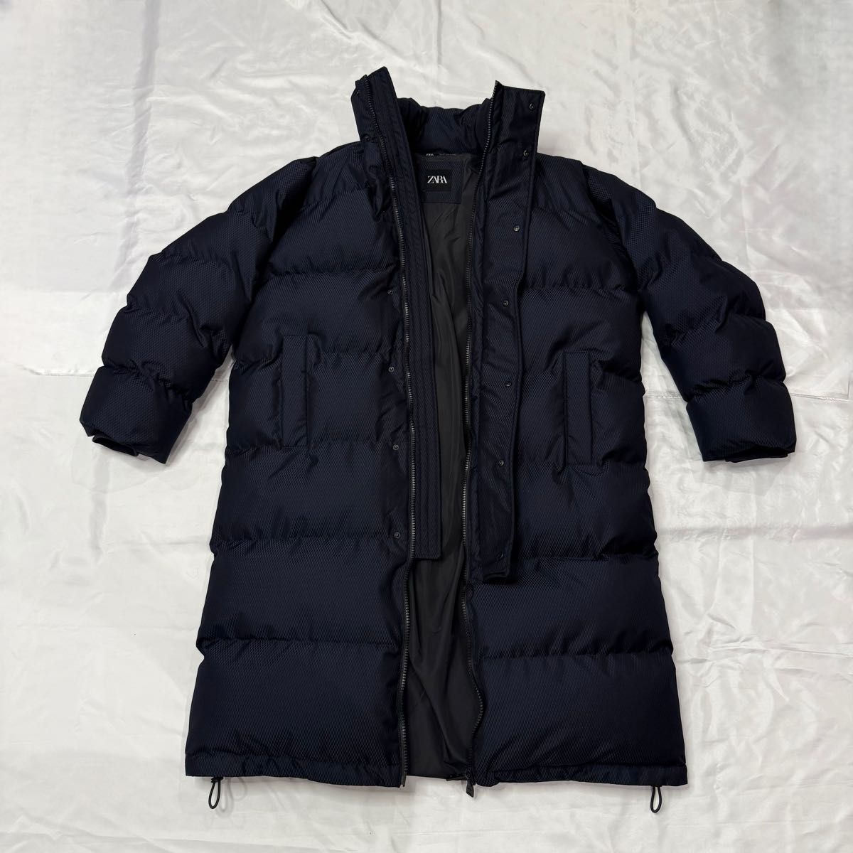 ZARA ロング ダウン ジャケット ネイビー ジャカード 新品未使用 L