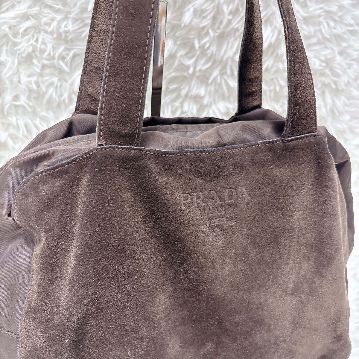 希少・Gカード付】PRADA 90s ビンテージ ハンドバッグ スエード 茶