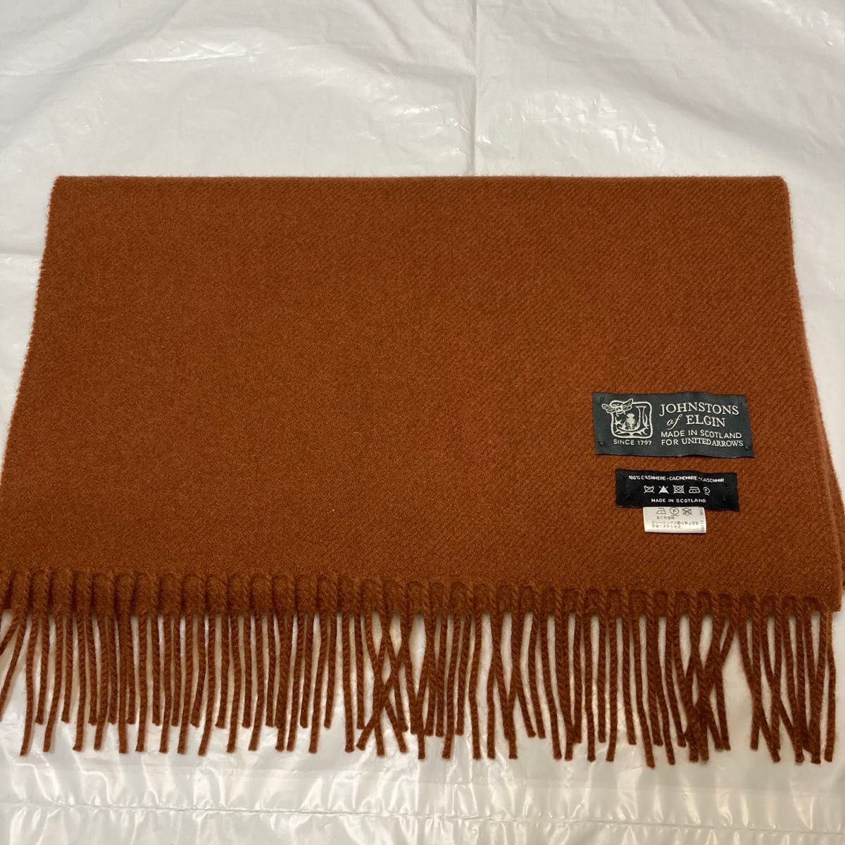 極美品 ジョンストンズ カシミヤ100％ 中判マフラー ブラウン アローズ