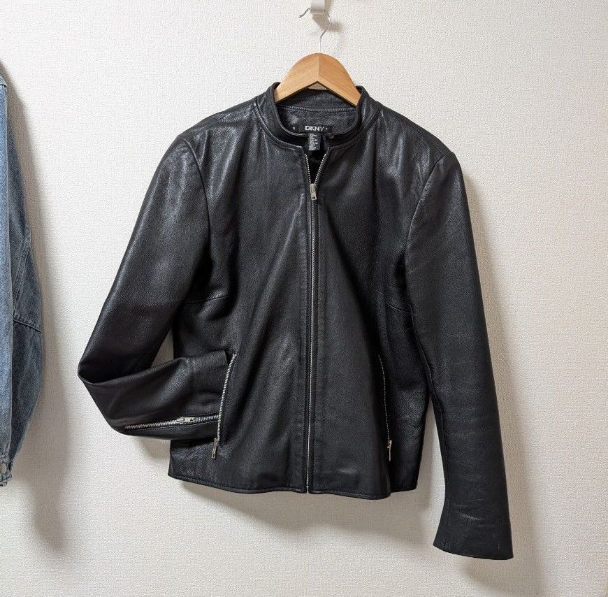 90s DKNY ダナキャラン シングル ライダース レザージャケット 黒 短丈