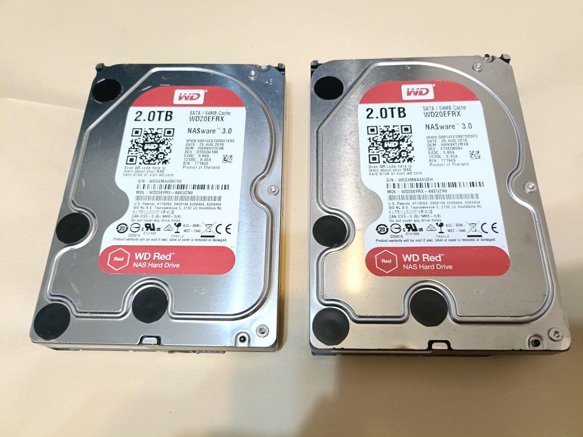 正常 2台セット WD 赤 HDD 2TB SATA WD20EFRX レッド ハードディスク 3
