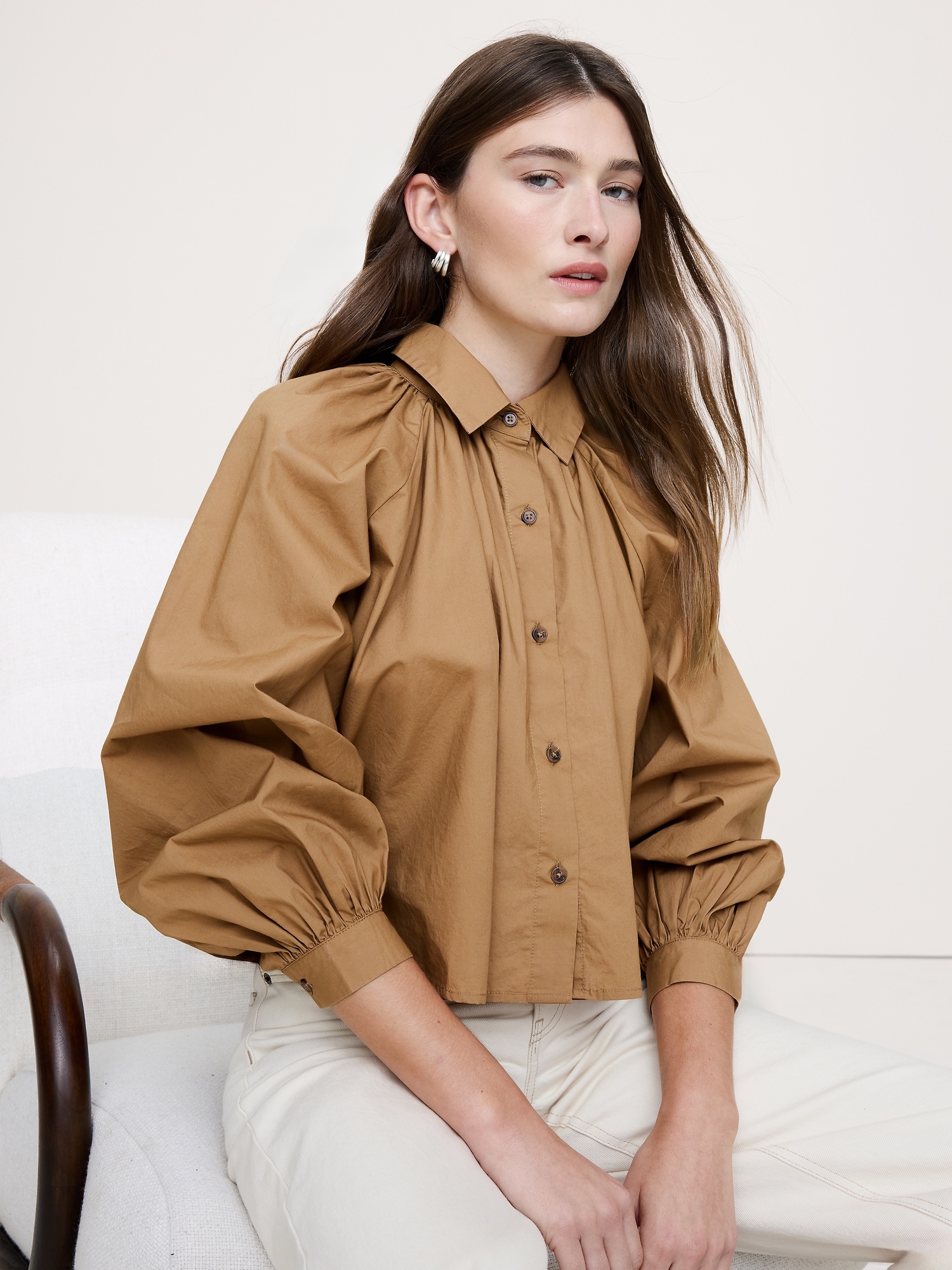 Cotton Poplin Balloon-Sleeve Shirt | Banana Republic