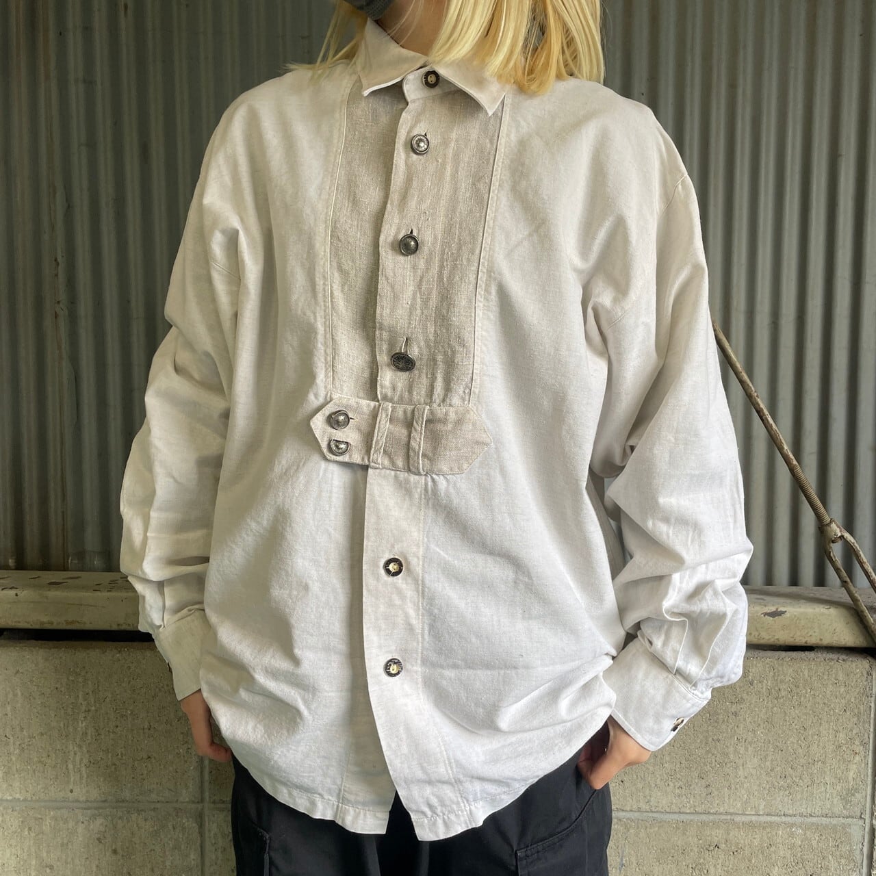 COUNTRY リネン 刺繍デザイン 長袖 チロリアンシャツ メンズM ユーロ