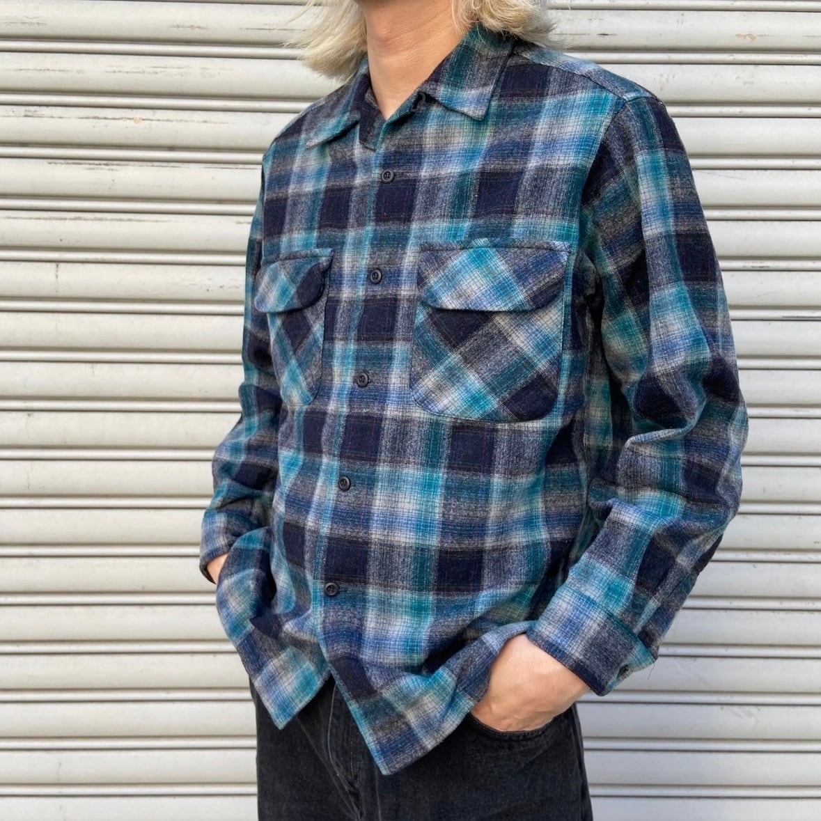 70s Pendleton オープンカラーウールシャツ オンブレシャドーチェック