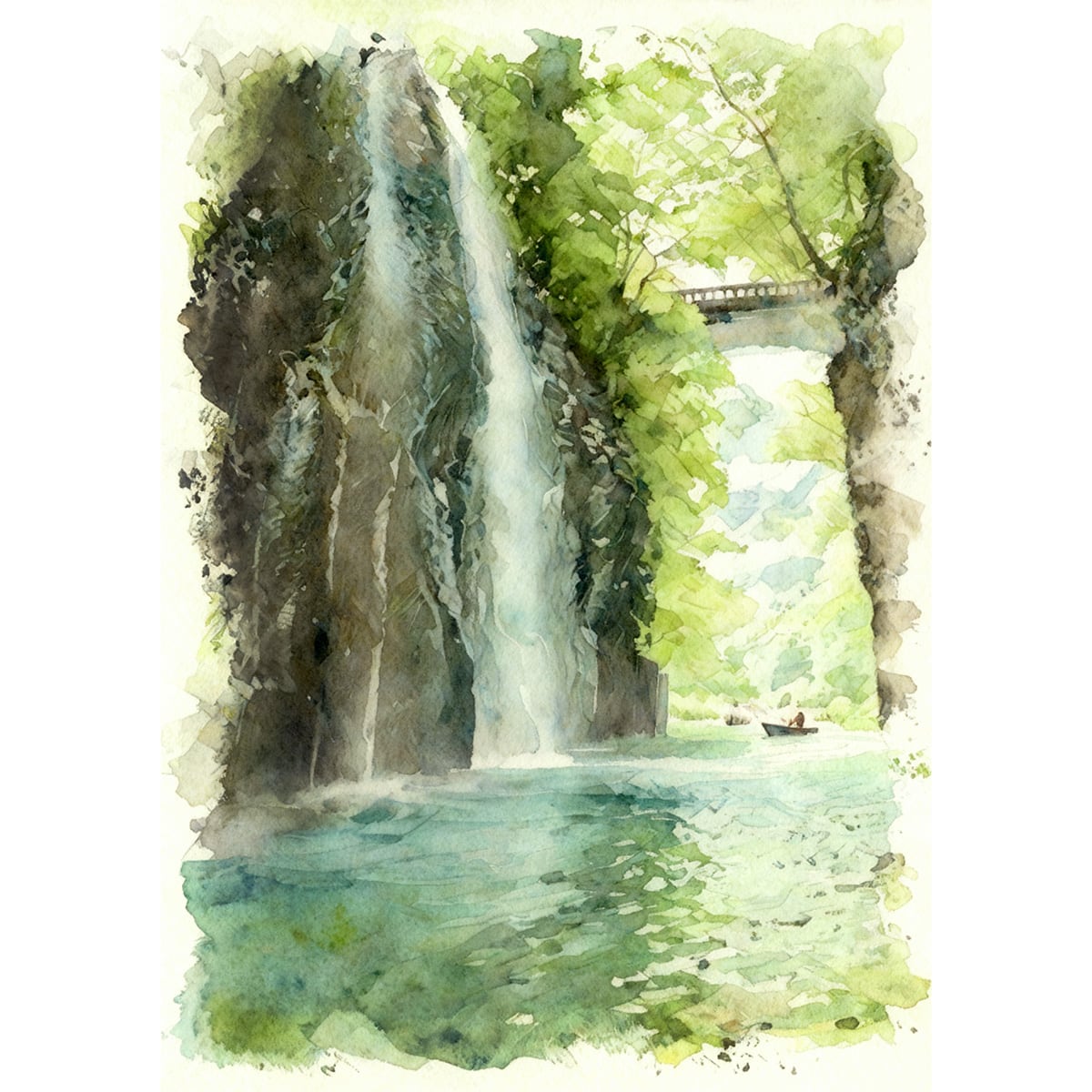 絵画 日本 熊本県阿蘇 鍋ヶ滝の風景 インテリアアート額付き 水彩画
