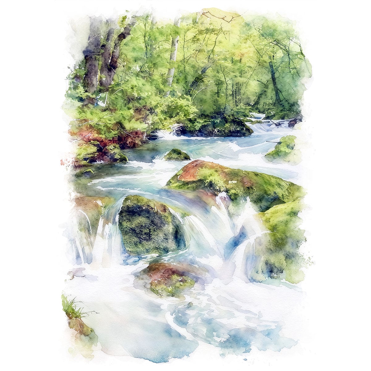 絵画 日本 青森県 奥入瀬渓流の風景 インテリアアート額付き 水彩画