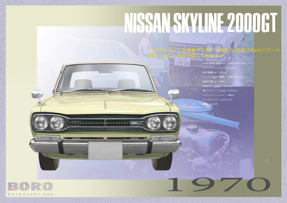 日産スカイライン2000GT サロンイエロー 1970年イラスト | GT collection