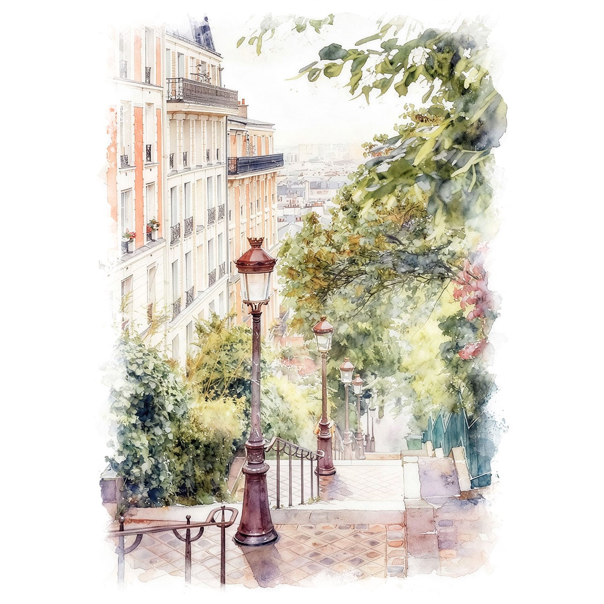 絵画 風景画(街並み) フランス パリ モンマルトルの階段 インテリア