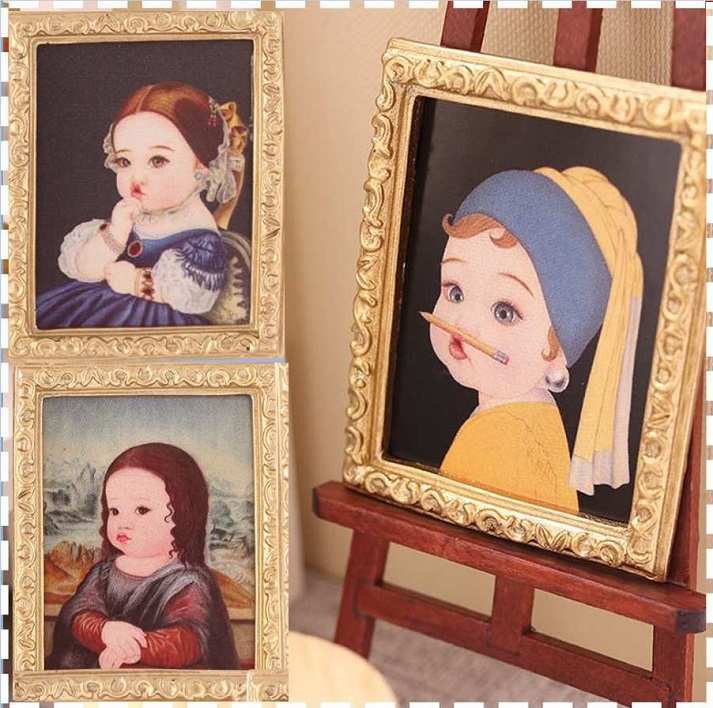 ミニチュア 雑貨 額入り パロディ絵画 額縁の絵 モナリザ 1/12 材料