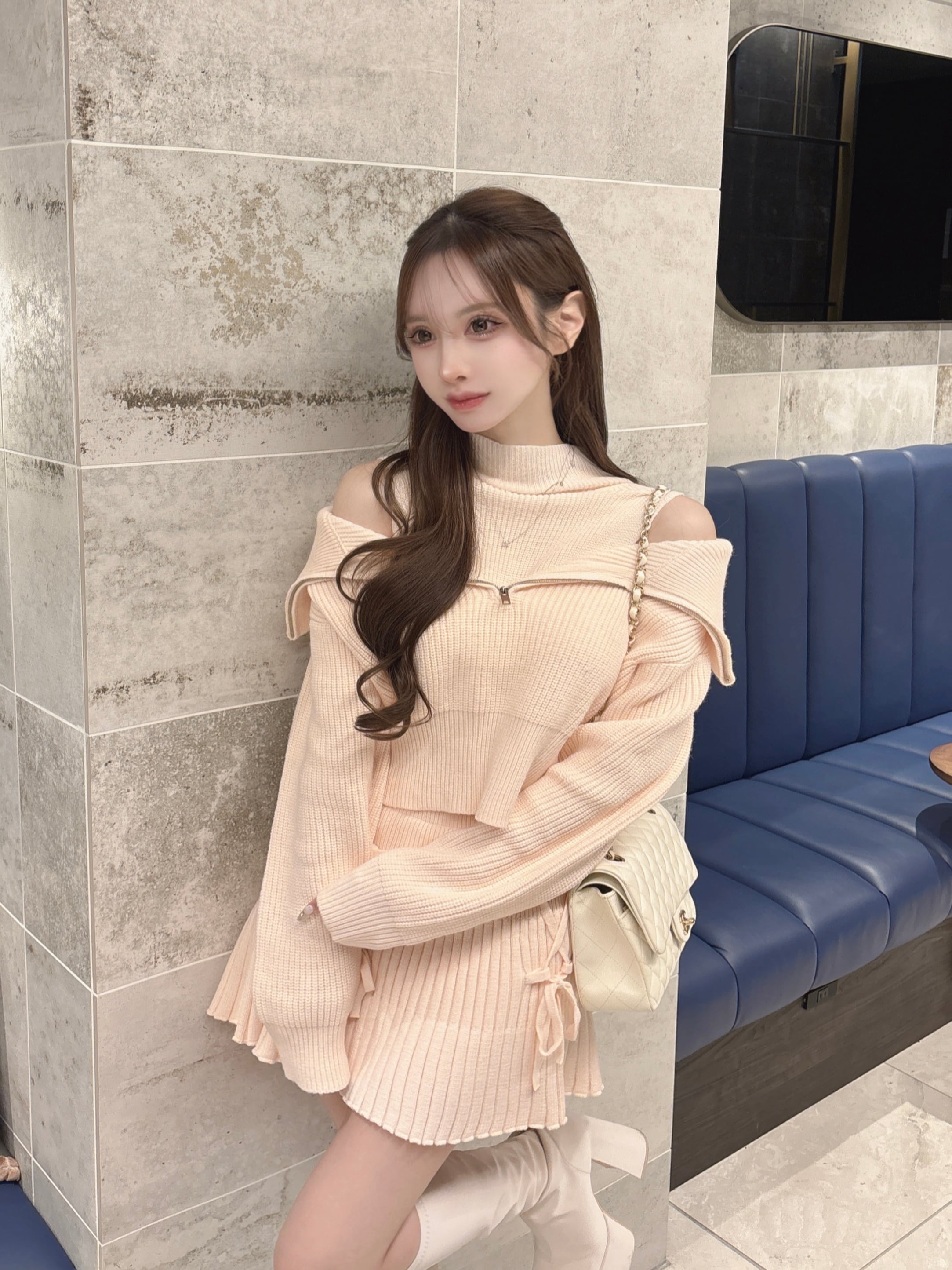 Lumignon original ♥ off shoulder zipper knit ribbon skirt set up