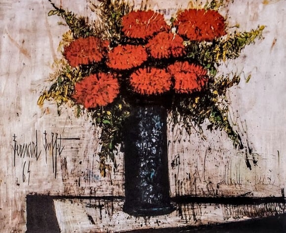 ベルナール・ビュッフェ「Red Flowers」 複製画の額装品 額縁外寸 47.5