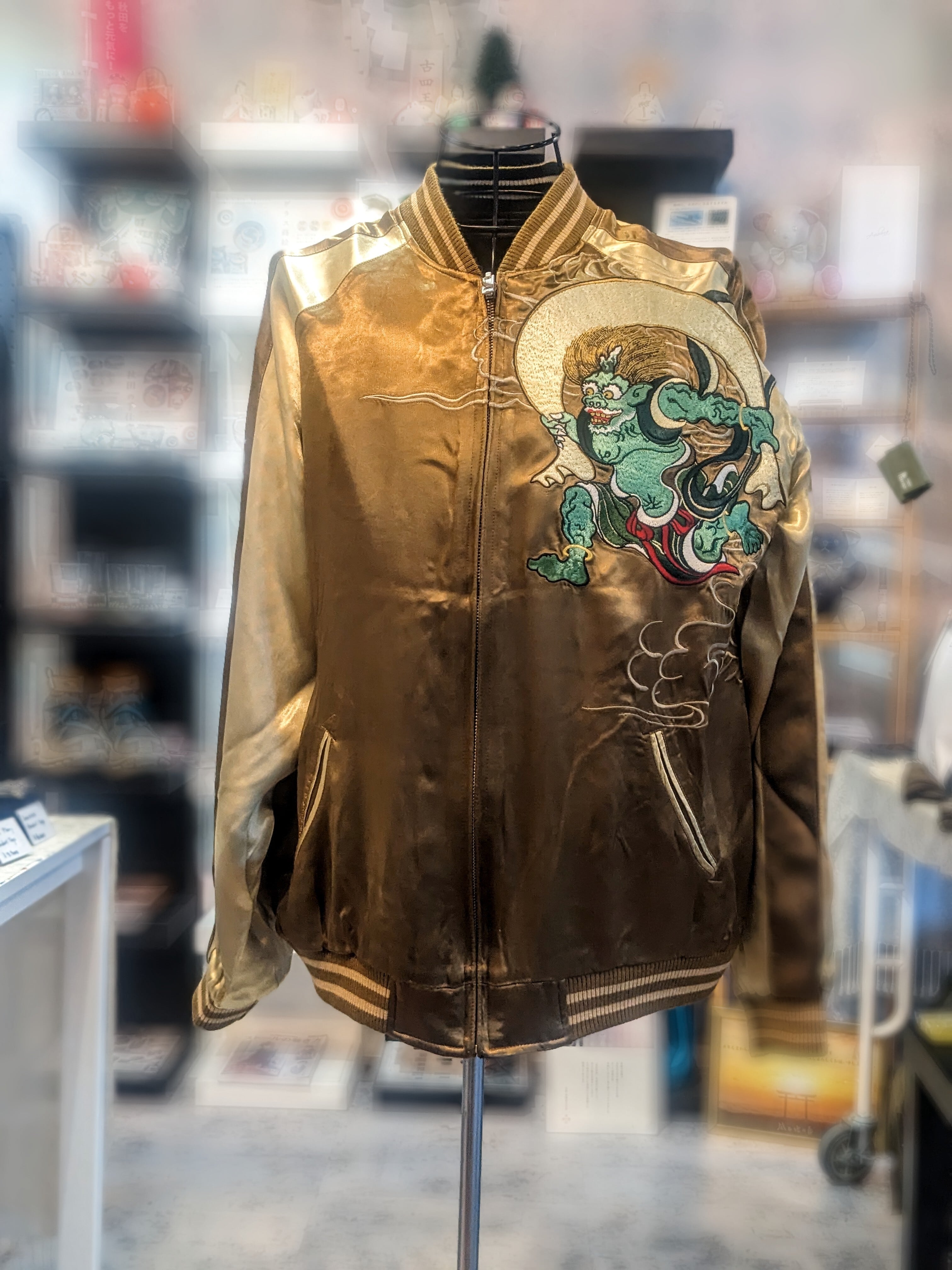 SKJ-013 花旅楽団 風神雷神刺繍スカジャン ブラウン XL | 風と地の吾