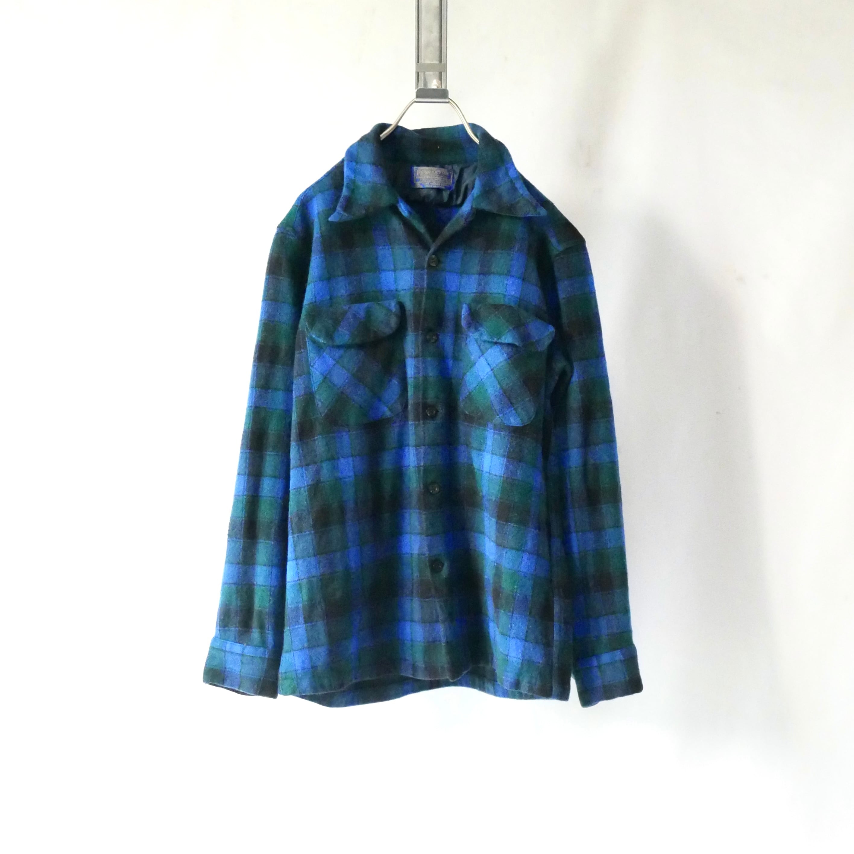 Made in USA 70s pendleton blue green check wool shirt アメリカ製