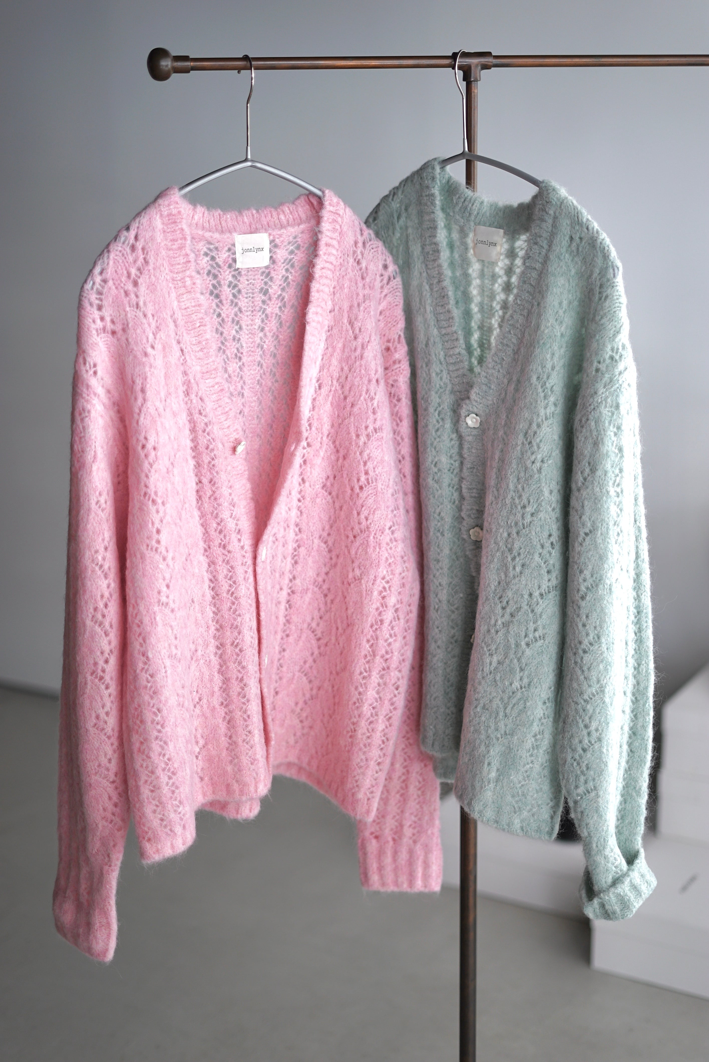 jonnlynx / mohair sukashi knit cardigan (green, pink) | JUQUI Online