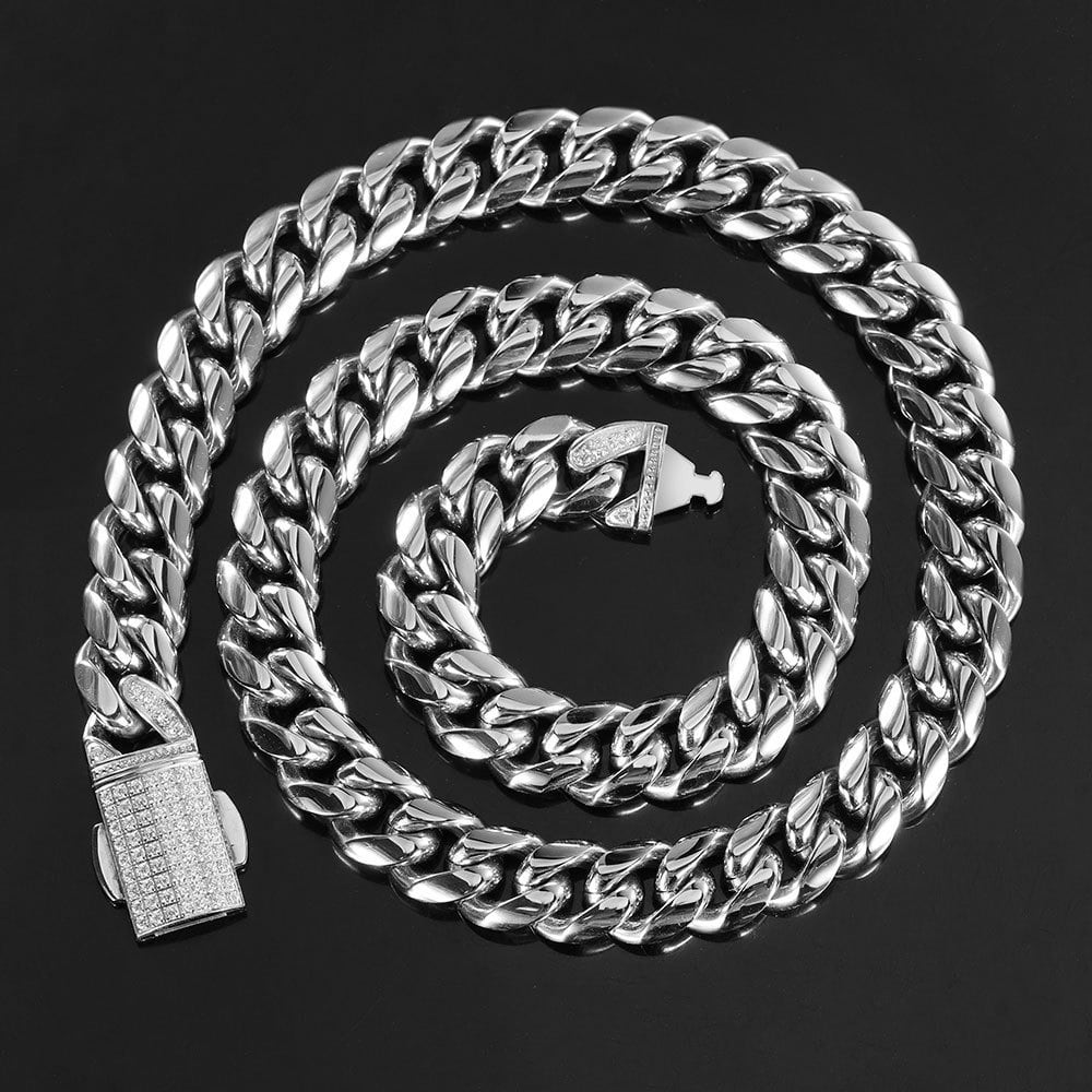 Iced Out Clasp Miami Chain Necklace 【SILVER】 | Glitter