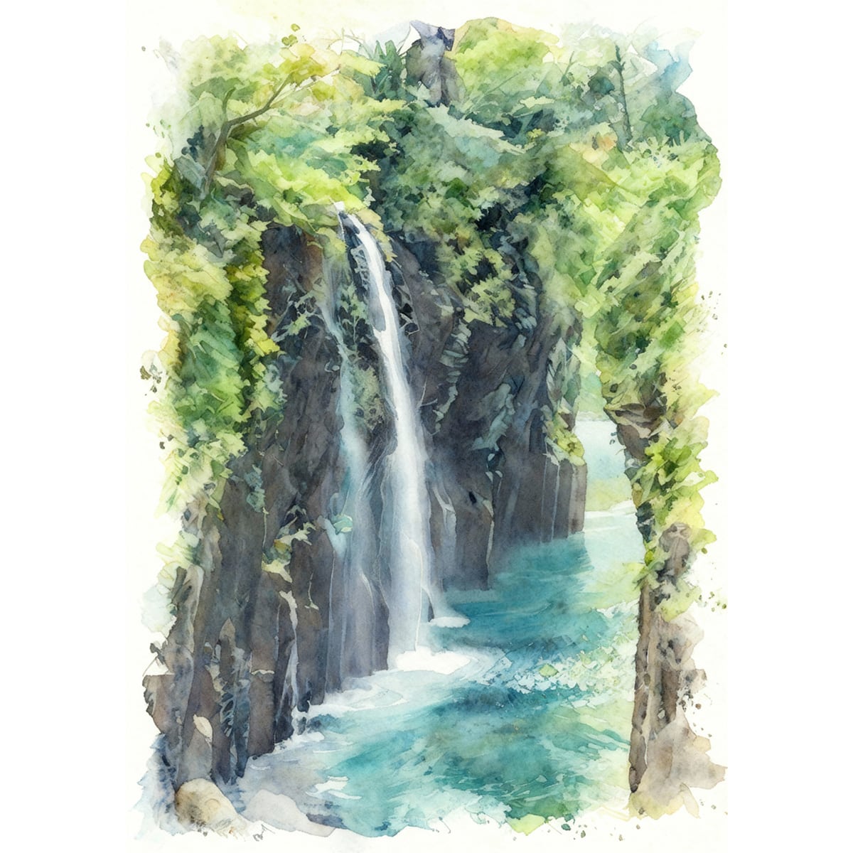 絵画(風景画) 日本 新緑の奥入瀬渓流 インテリアアート額付き 水彩画