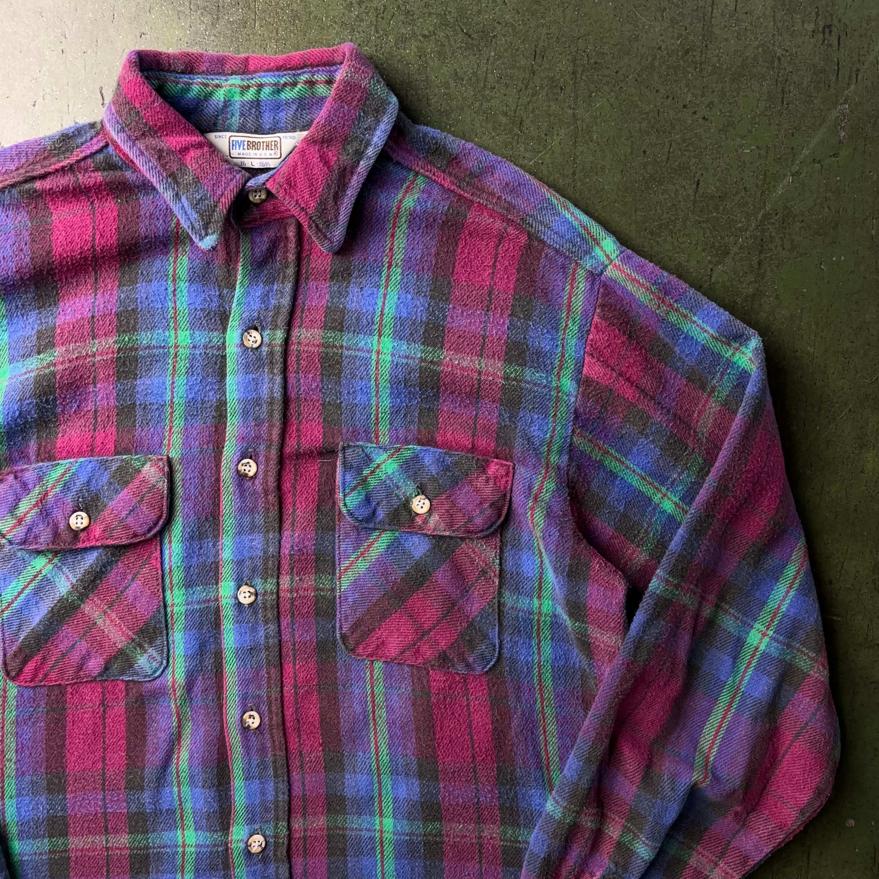 70's~80's FIVE BROTHER Plaid Flannel L/S Shirt SIZE L MADE IN USA