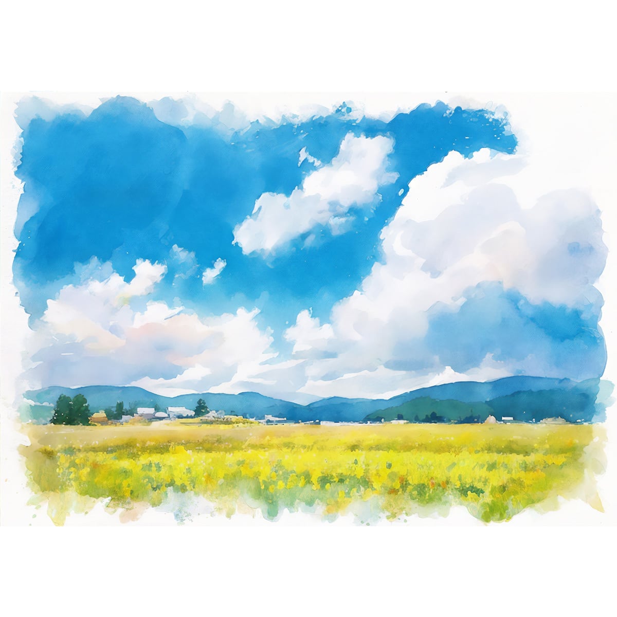 絵画 日本の田園風景と青空 インテリアアート額付き 水彩画・油絵風