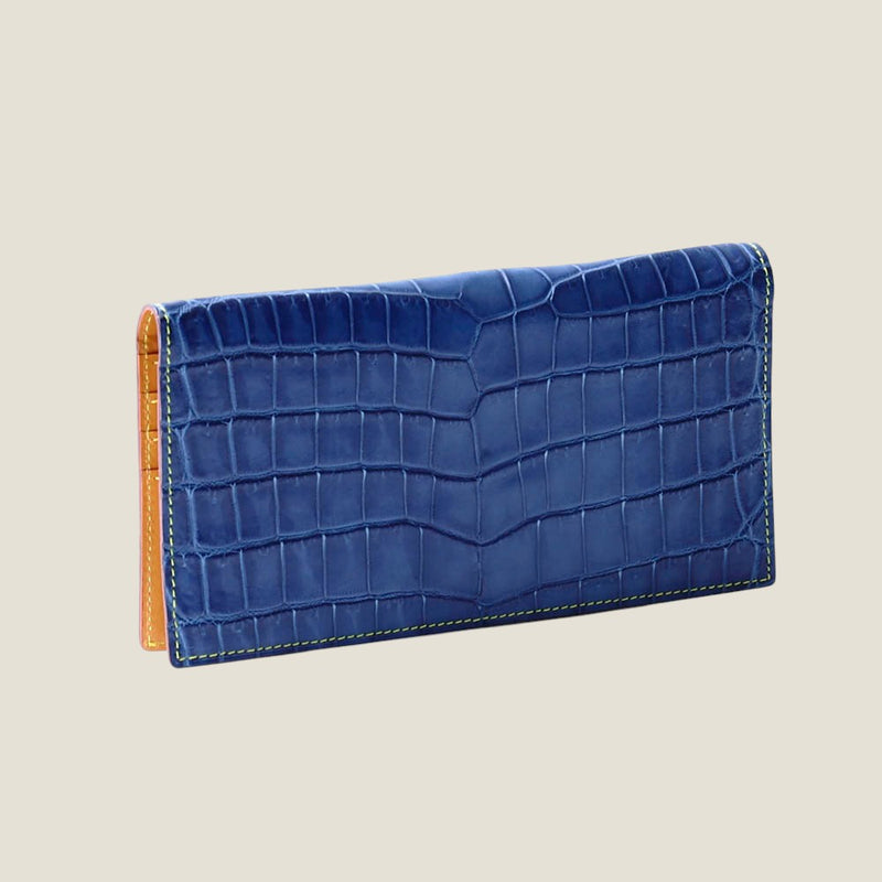 藍染めクロコダイル] ロングウォレット(小銭入れなし)【受注生産