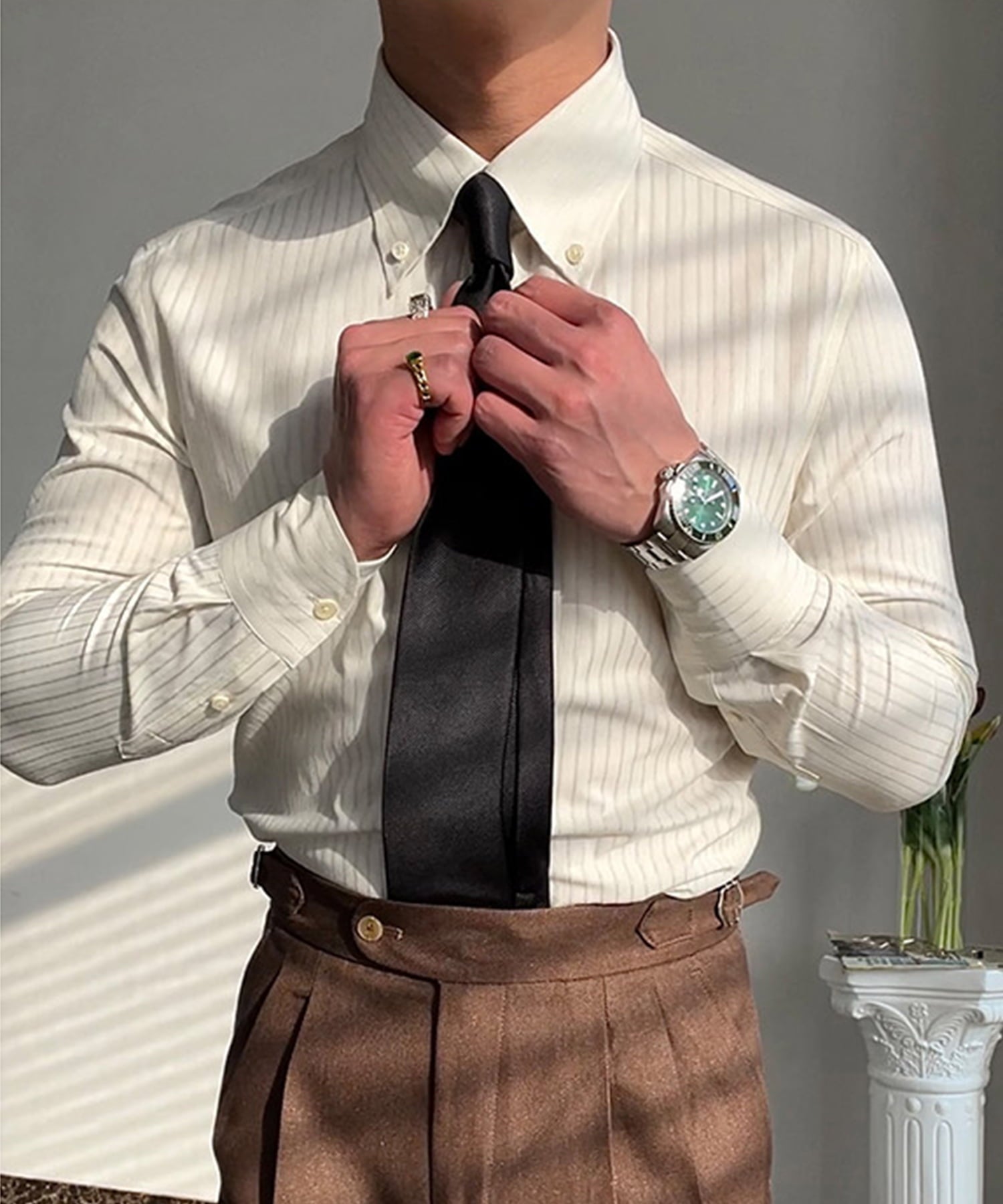スリムフィット 機能性抜群 ストライプ 柄 ワイドカラー ボタンダウン