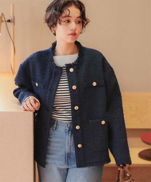 Drawer 2026リゾート ツイードジャンプスーツ 36ネイビー Drawer 2026