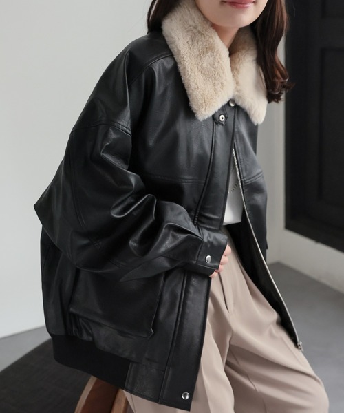 セール】【ファー襟取り外し可能】 フェイクレザーブルゾン