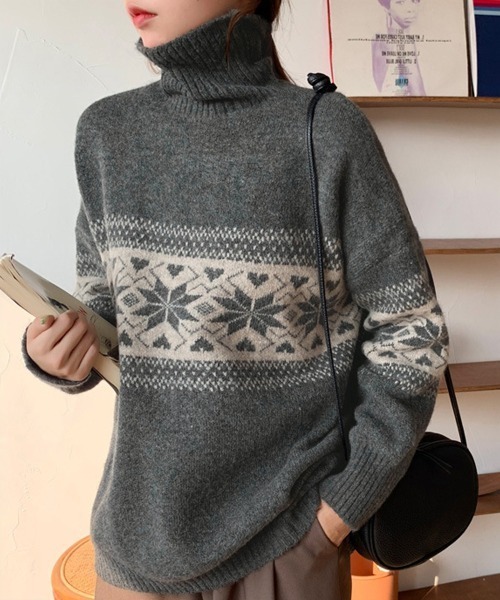 セール】レディース ノルディック柄タートルネックニットセーター