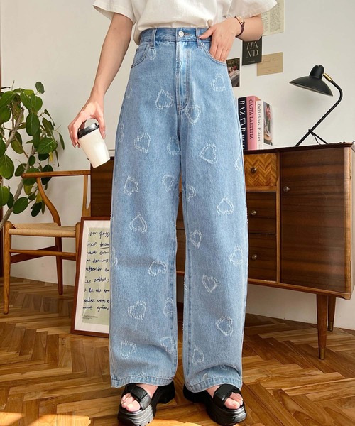 セール】ハート柄デニムパンツ（デニムパンツ）｜moment+（モーメント